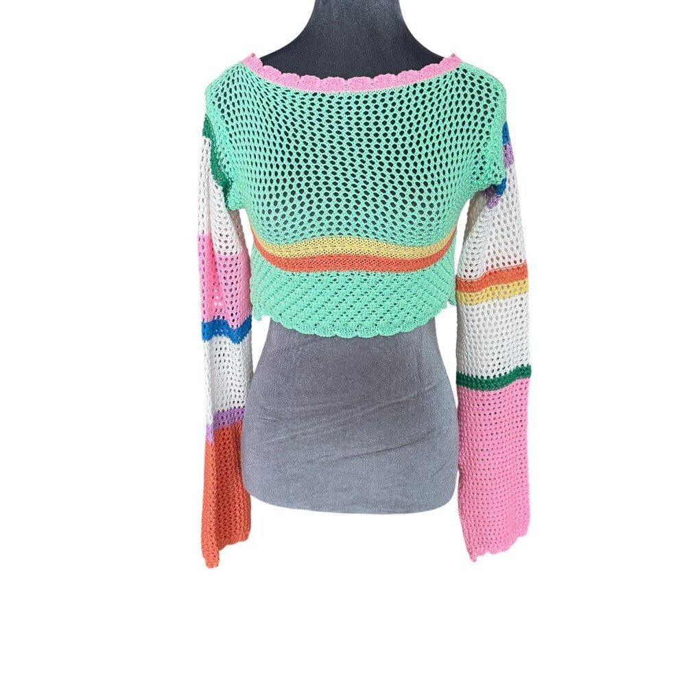 Handmade Open-Knit Colorful Cropped Sweater With Long Bell Sleeves Y2k
